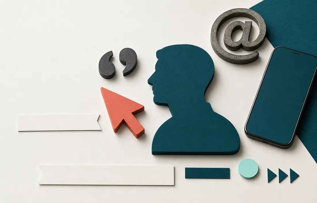 Profile silhouette, cursor, at sign, and quotation marks arranged as profile text tools